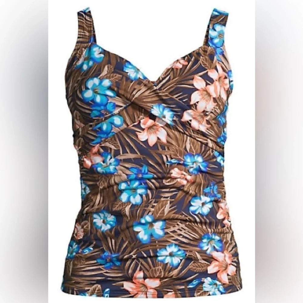 2 piece Lands End navy tropical palm print tankini and swim skirt. Size 16. - Picture 2 of 8